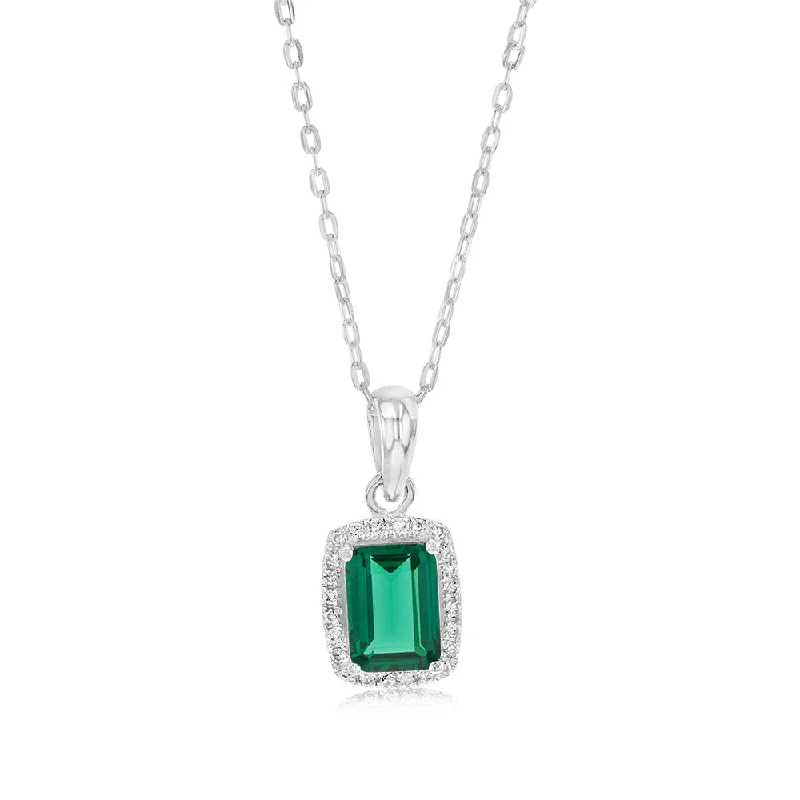 Sterling Silver Green White Zirconia Rectangle Pendant On Chain