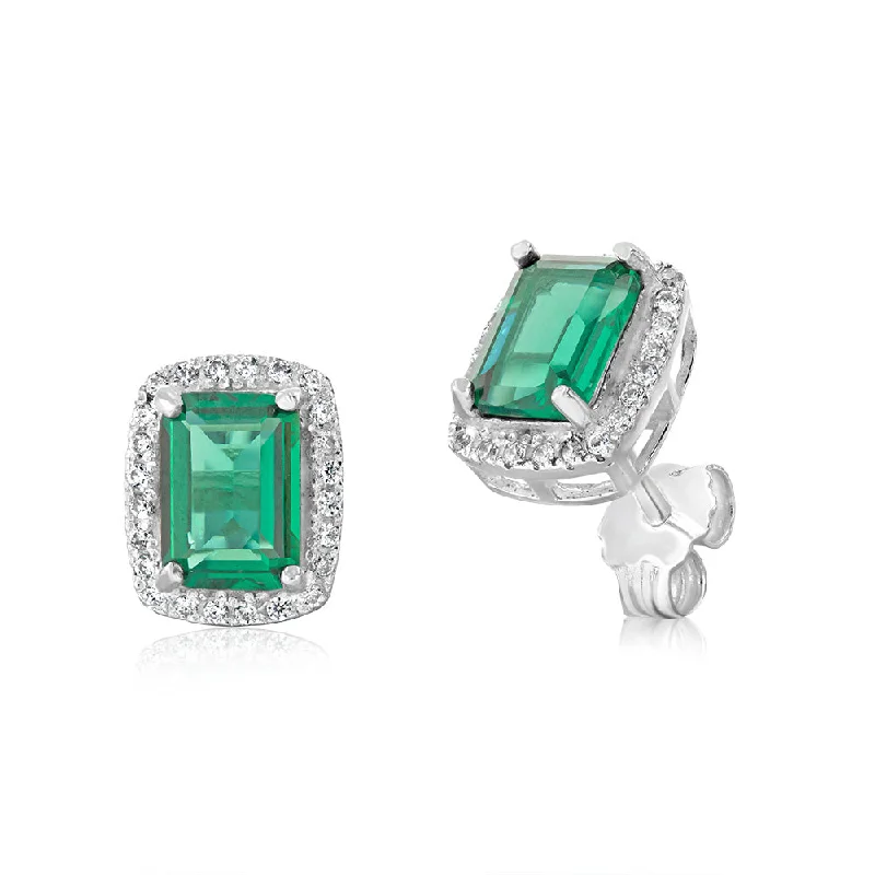 Sterling Silver Green & White Zirconia Rectangle Stud Earrings