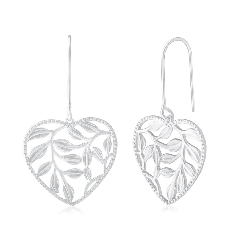 Sterling Silver Heart with Leaves Drop Earrings