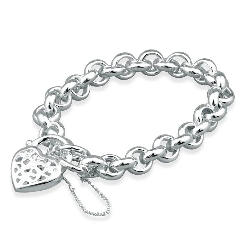 Sterling Silver Hollow Belcher Filigree Heart Padlock Bracelet