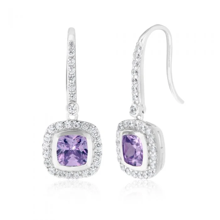 Sterling Silver Lavender and White Zirconia Sqaure Drop Earrings