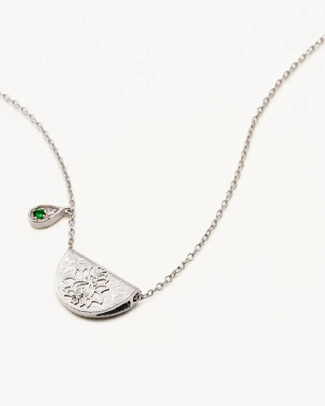 Sterling Silver Lotus Birthstone Necklace - May - Emerald