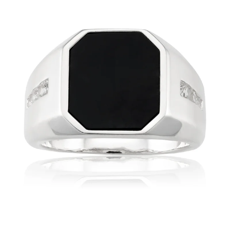 Sterling Silver Onyx and White Topaz Gents Ring