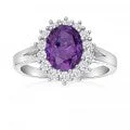 Sterling Silver Oval Cut Purple and White Halo Cubic Zirconia Ring