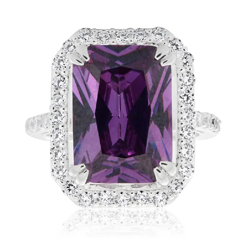 Sterling Silver Purple Cubic Zirconia Emerald Cut Halo Ring