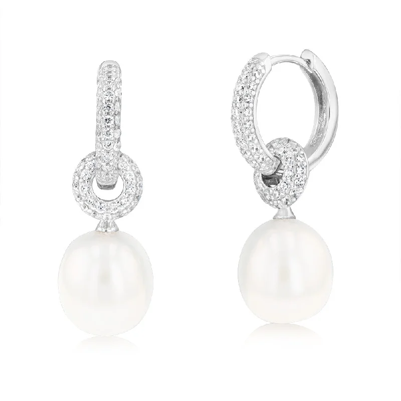 Sterling Silver Rhodium Plated 10.5-11mm Drop Fresh Water Pearl And Zirconia Earrings