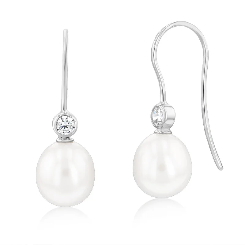 Sterling Silver Rhodium Plated 8.5-9mm Oval Fresh Water Pearl And Zirconia Hook Earrings