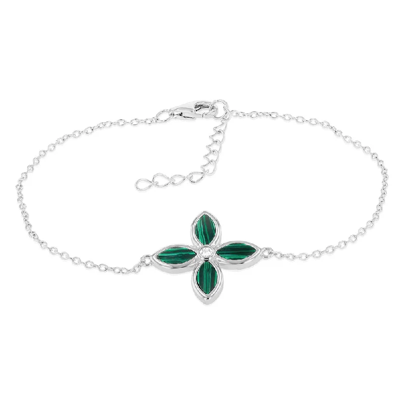 Sterling Silver Rhodium Plated Created Malachite Four Petal 16+4cm Bracelet