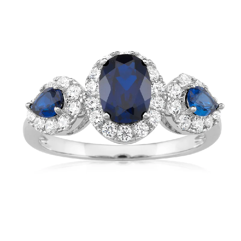 Sterling Silver Rhodium Plated Created Sapphire and Cubic Zirconia Trio Ring