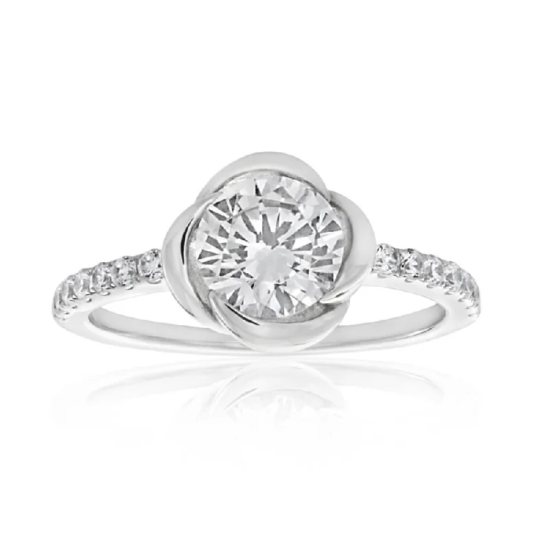 Sterling Silver Rhodium Plated Cubic Zirconia Flower Ring