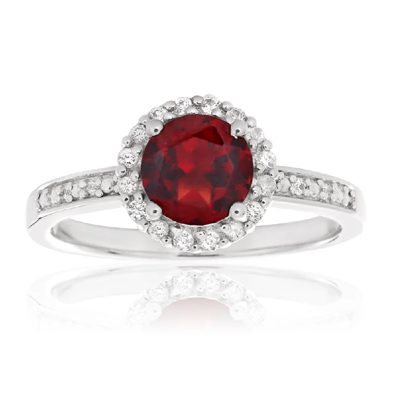 Sterling Silver Rhodium Plated Garnet + White Zircon Ring