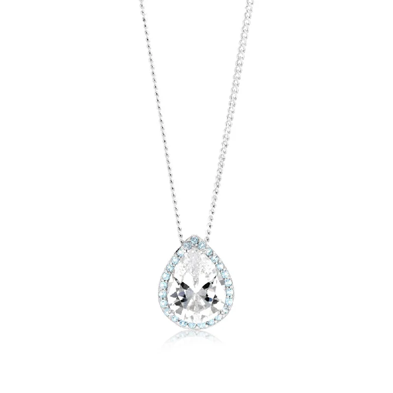 Sterling Silver Rhodium Plated Pear Shaped Light Blue And White Zirconia Pendant