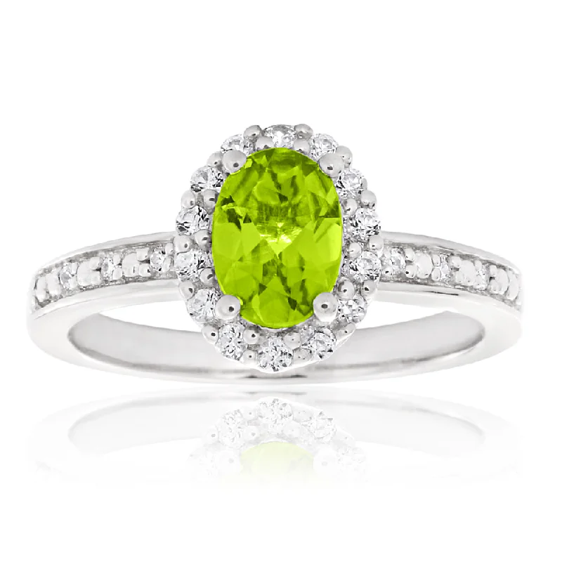 Sterling Silver Rhodium Plated Peridot & White Zircon Ring