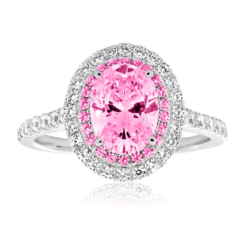 Sterling Silver Rhodium Plated Pink Zirconia Ring