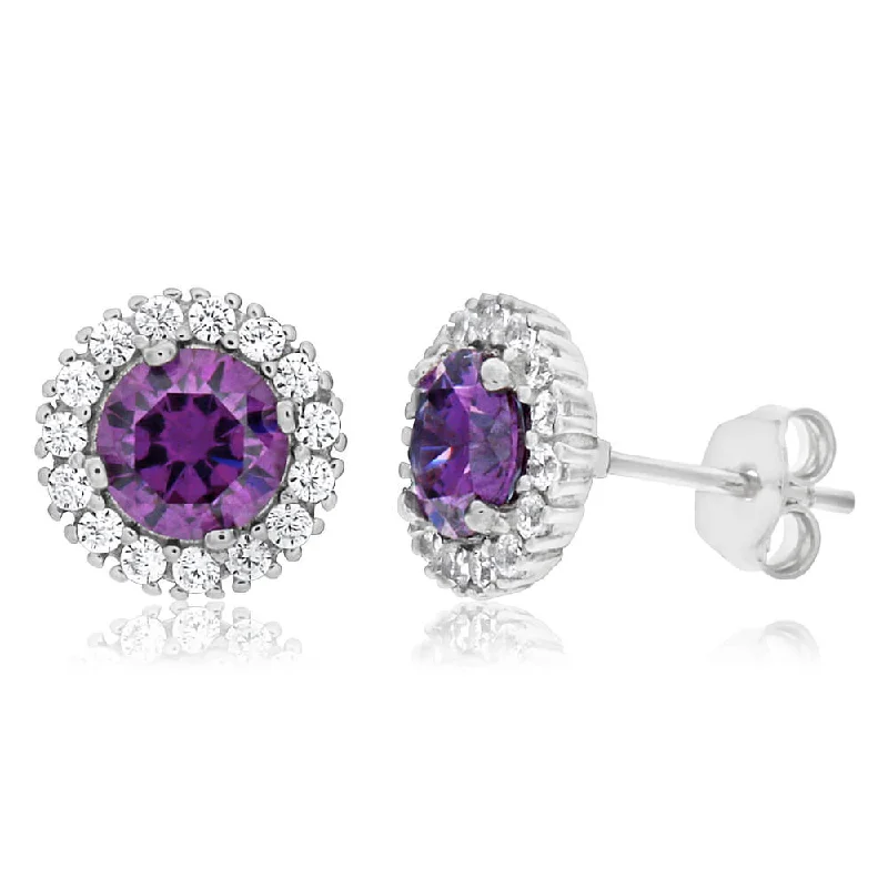 Sterling Silver Rhodium Plated Purple Zirconia + White Zirconia Stud Earrings