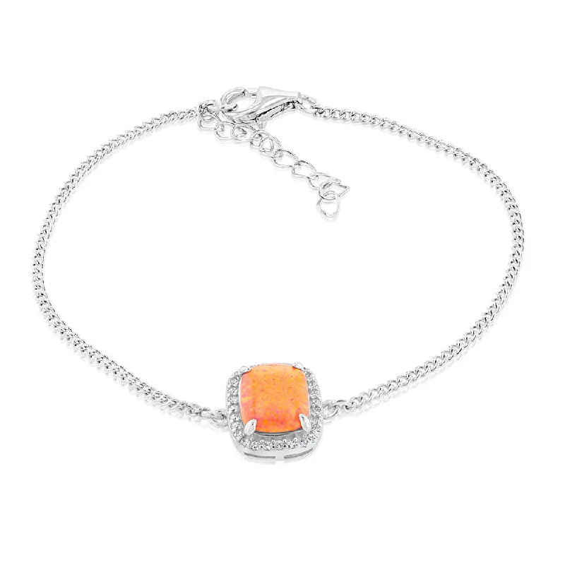 Sterling Silver Rhodium Plated Rectangle Created Orange Opal And White Zirconia 15.5+3cm Bracelet