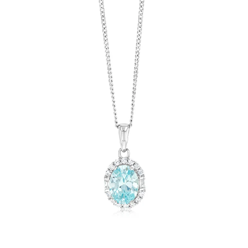 Sterling Silver Rhodium Plated White And Aquamarine Cubic Zirconia Oval Pendant