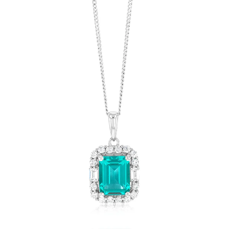 Sterling Silver Rhodium Plated White And Emerald Green Cubic Zirconia Rectangle Pendant