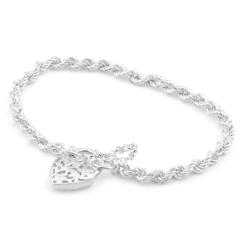 Sterling Silver Rope Filigree Heart 18cm Bracelet