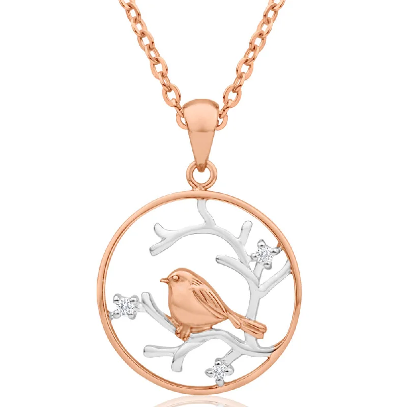 Sterling Silver Rose Gold Plated Cubic Zirconia Robin & Branch Circle Pendant