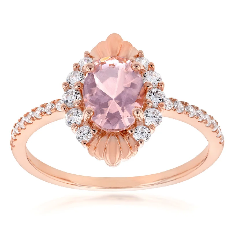 Sterling Silver Rose Gold Plated Morganite Peach/Pink And White Cubic Zirconia Ring