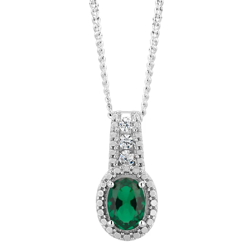 Sterling Silver Simulated Emerald and Zirconia Oval Pendant