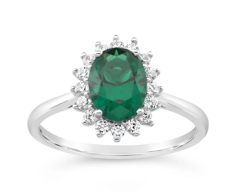 Sterling Silver Simulated Emerald and Zirconia Ring