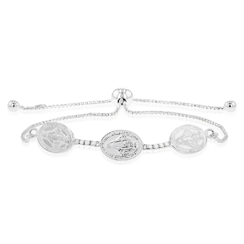 Sterling Silver Three Madonna Medallion On Adjustable 25cm Bracelet