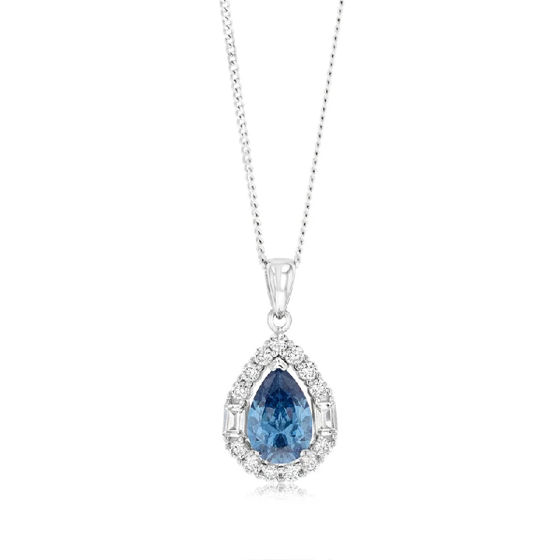 Sterling Silver White And Sapphire Cubic Zirconia Pear Shaped Pendant