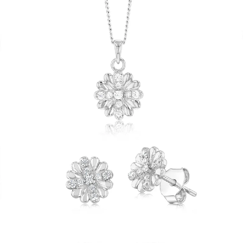 Sterling Silver White Cubic Zirconia Flower Pendant And Stud Earrings Set