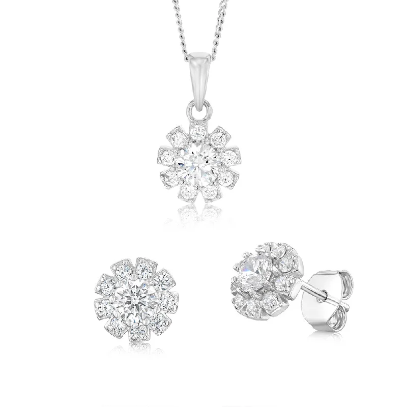 Sterling Silver White Cubic Zirconia Flower Pendant And Stud Earrings Set