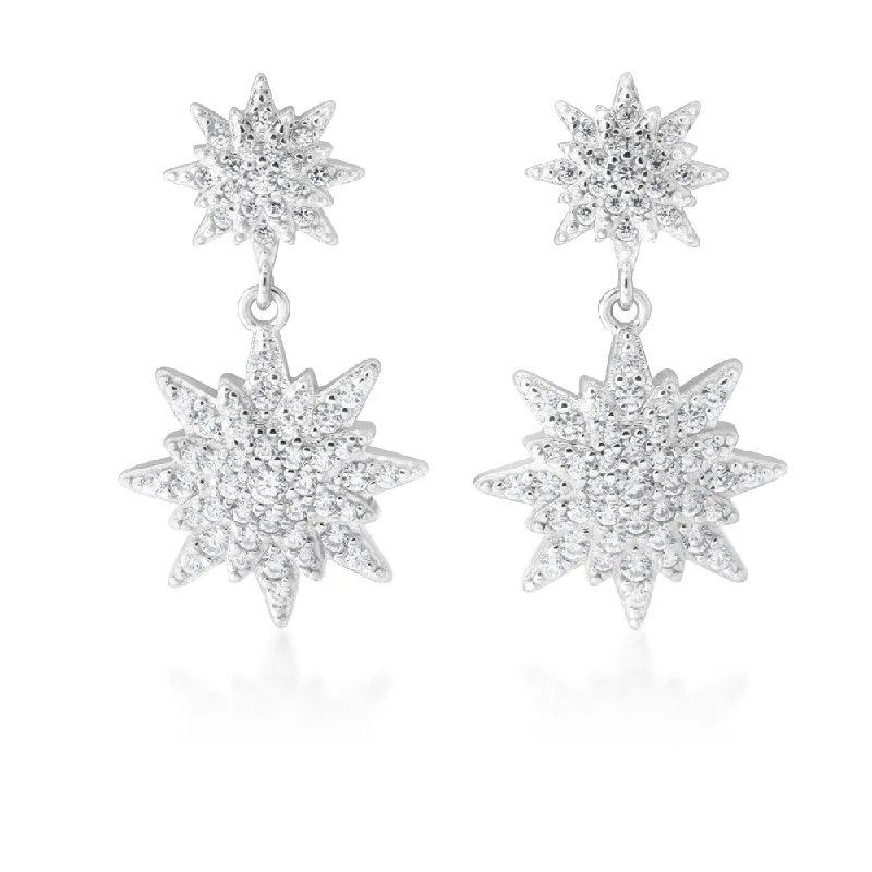 Sterling Silver Zirconia Double Starburst Drop Earrings