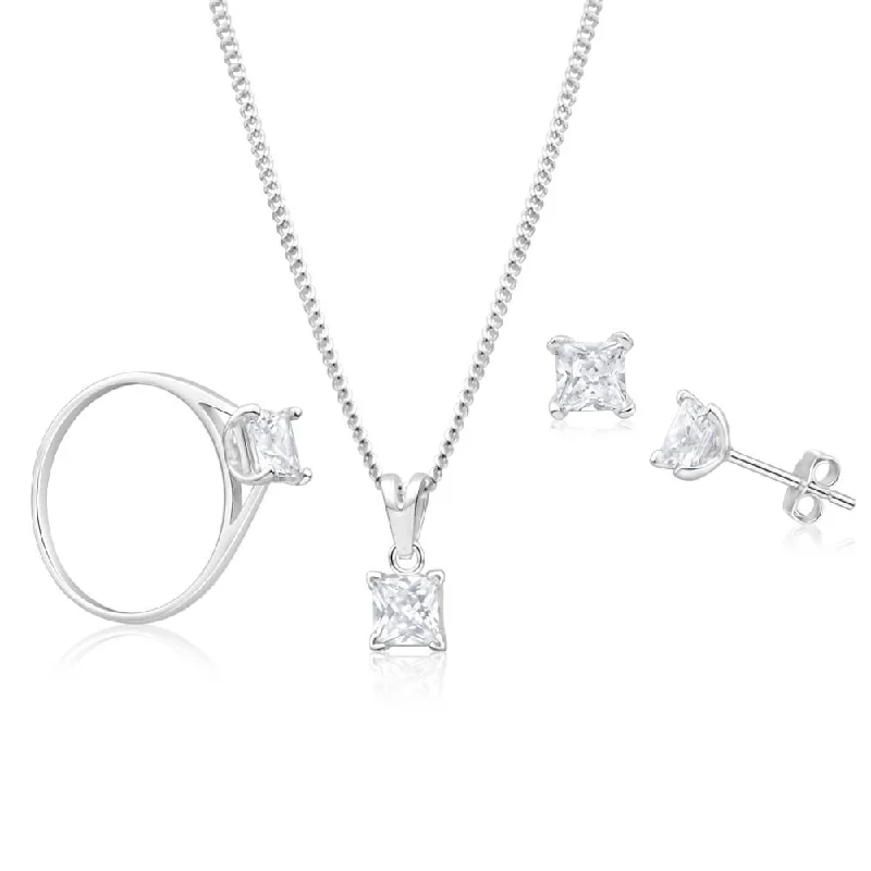 Sterling Silver Zirconia Princess Stud Pendant and Ring Jewellery Set