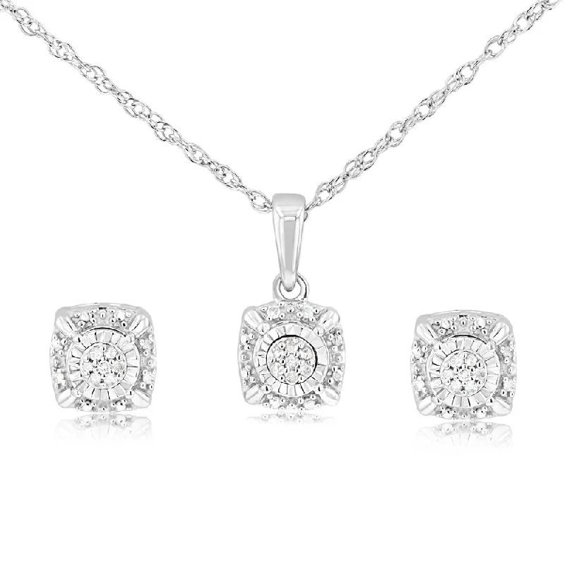 Sterling Siver & Round Shaped Earring, Pendant Set with 1/10 Carat Natural Diamonds