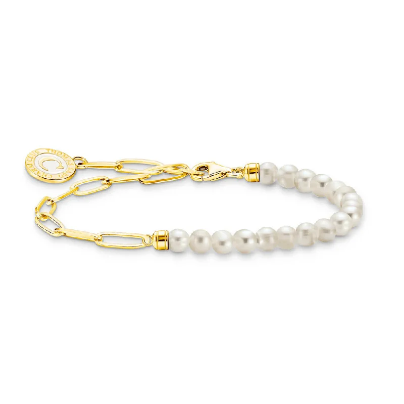 Thomas Sabo Gold Plated Sterling Silver Charmista Fresh Water Pearl Long Link 16-19cm Bracelet