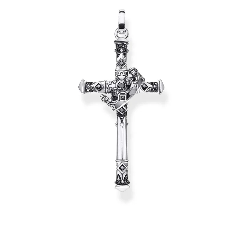 Thomas Sabo Rebel Kingdom Sterling Silver Crowned Cross Black CZ Pendant