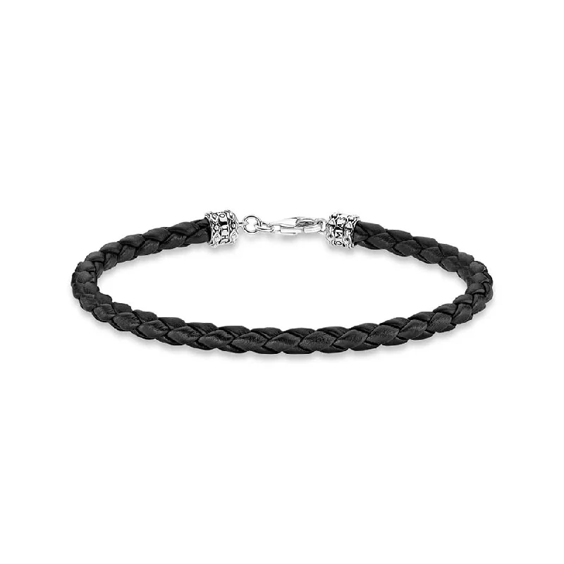 Thomas Sabo Rebel Sterling Silver Black Raided Leather 17cm Bracelet