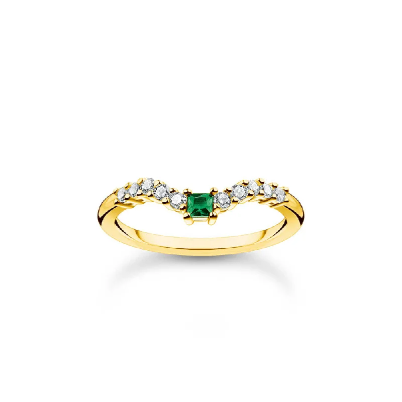 Thomas Sabo Sterling Silver Gold Plated Charm Club Tapered Green CZ "V" Ring