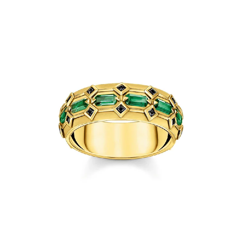 Thomas Sabo Yellow Gold Plated Crocodile Rock Green Wide Ring