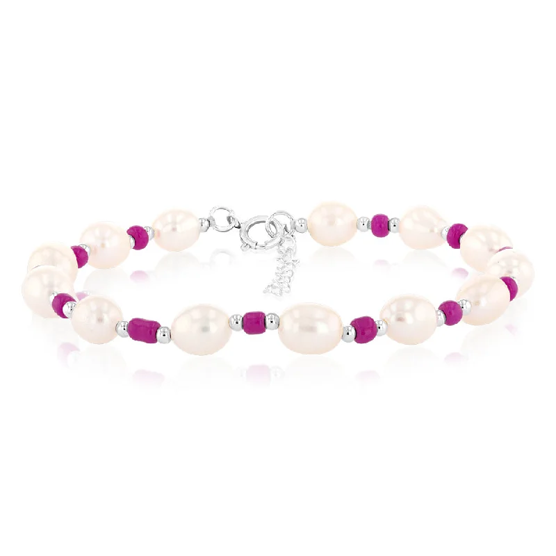 White Freshwater Pearl Bracelet with Pink & Silver Beads in Sterling Silver