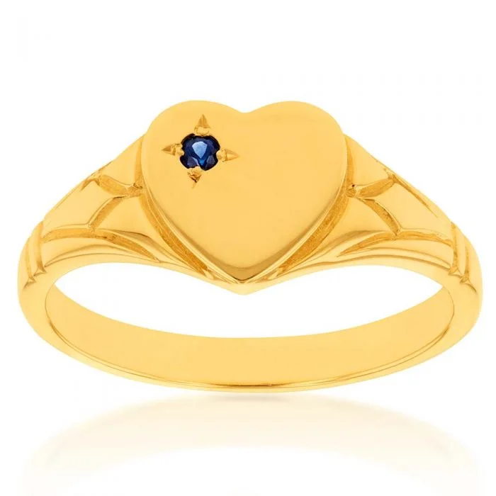 9ct Yellow Gold Sapphire Heart Signet Ring Size H