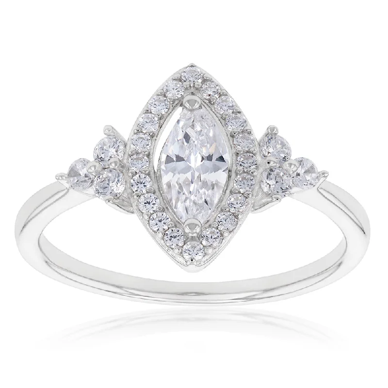 Sterling Silver Rhodium Plated Cubic Zirconia Marquise Ring