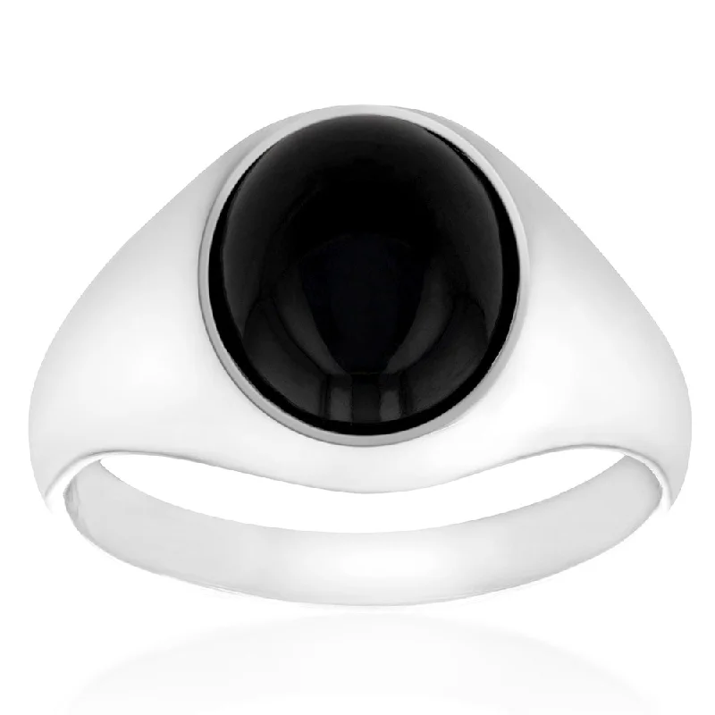 Sterling Silver Round Black Mens Ring